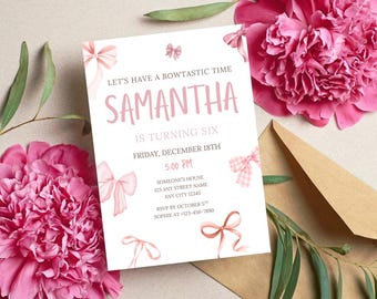Pink Bow Birthday Invitation, Bowtastic Birthday Party Invite, Girl 6th Birthday Invitation, Editable Template, Pink Coquette Party