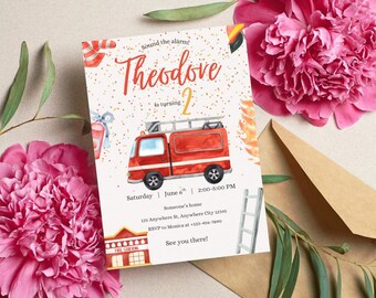 Inbjudan till brandbilsfödelsedag, akvarell brandmansfest, direktnedladdning i PDF-format, brandmanstema-födelsedagsfest, barns 2-årsdag