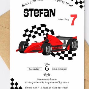 Race Car Birthday Invitation, Editable Boys 7th Birthday Invite, Red Formula Racing Party, Instant Download, Printable PDF, Checkered Invite
