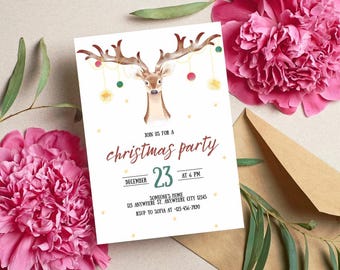 May include: A Christmas party invitation featuring a watercolor reindeer with festive ornaments. The invitation reads "Join us for a Christmas party" with the date December 23rd at 6 PM. Includes address and RSVP information. Surrounded by pink flowers and a brown envelope.