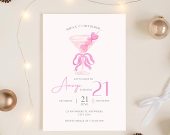 Invitación de cumpleaños número 21 de Pink Tini, invitación editable para fiesta de martini, temática de cóctel rosa, chica de cumpleaños número 21, descarga digital en PDF, plantilla