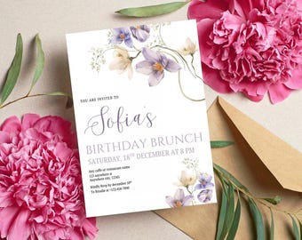 Editable Birthday Brunch Invitation, Floral Digital Invite Template, Purple Flower Party Invitation, Elegant Birthday Brunch Invitation