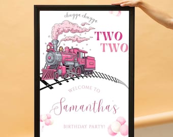 Train Birthday Welcome Sign, Two Two Train Welcome Sign, Girl 2nd Birthday, Chugga Chugga Printable, Editable Template, Pink Train Party