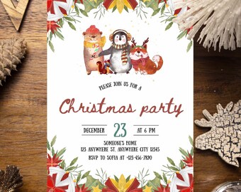 May include: A Christmas party invitation with watercolor illustrations of festive animals. The invitation includes the text "Christmas party" and details for the event on December 23rd at 6 PM. Decorative elements include stars and floral accents.
