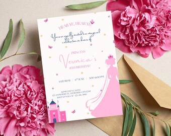 Invitación de cumpleaños de princesa: Castillo rosa, fiesta real (Plantilla PDF editable)