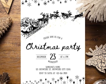 Editable Christmas Invitation Card, Christmas Party Invitation Template, Holiday Invite, Santa Sleigh Xmas Printable, Instant Download PDF