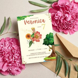 May include: A birthday invitation featuring the name "Veronica" and the number "7". The design includes a fairy, flowers, and a tree. The invitation also includes the date, time, and location of the party.