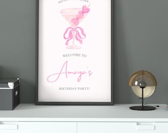 Panneau de bienvenue rose pour 21 ans de Tini, décoration de fête martini modifiable, thème cocktail rose, décoration de fête imprimable, téléchargement numérique, 3 tailles