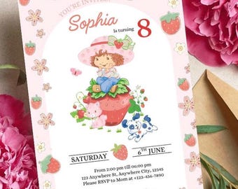 May include: A pink birthday invitation featuring a cartoon illustration of a girl in a strawberry hat. The invitation includes the text "Sophia is turning 8" and event details. Decorative strawberries and flowers border the invitation.