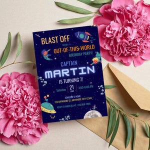 Space Birthday Invitation, Outer Space Party Invite, Editable Template, Astronaut Theme, Boy 7th Birthday, Instant Download PDF, Rocket