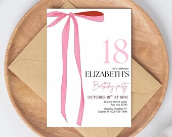 Rosa Schleife 18. Geburtstagseinladung, Kokette 18 Geburtstag einladen, bearbeitbare niedliche Kokette einladen, Mädchen-Geburtstags-Einladung, sofortiger Download PDF