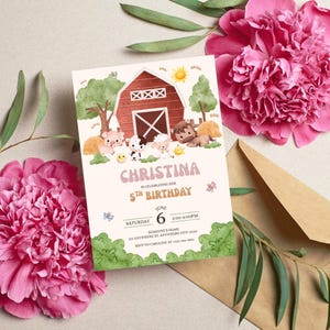 Faire-part d'anniversaire ferme, invitation de fête de basse-cour rose, 5e anniversaire de fille, modèle modifiable, invitation imprimable pour enfants, téléchargement immédiat au format PDF