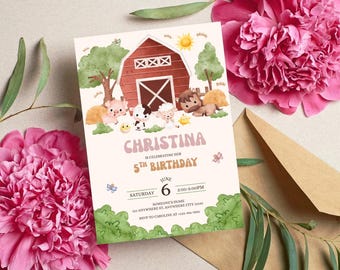 Farm Birthday Invitation, Barnyard Animals, Farm Theme Birthday, Farm Animals Invitation Theme, Canva Template, Instant Download PDF