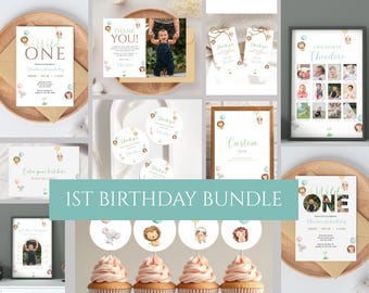 Wild One Birthday Bundle, Safari 1st Birthday Theme, Editable Boy Birthday Templates, Jungle Animal Party Printable Set, Customizable Design