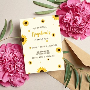 Sunflower Birthday Invitation, Printable Kids Birthday Party Invite, Editable Sunflower Theme Template, Summer Floral Party Decoration