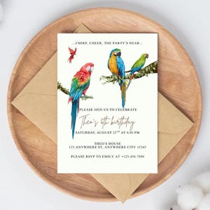 Tropical Parrot Birthday Invitation, Tropical Theme Birthday Invitation, Jungle Party, Macaw Theme, Instant Download PDF, Canva Template