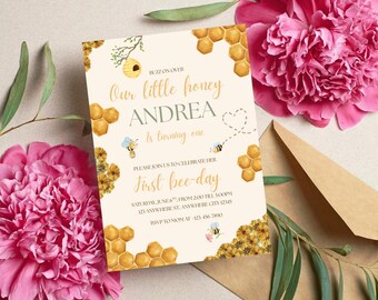 Bee First Birthday Invitation, Watercolor Honeycomb, First Birthday Party Theme, First Birthday Invitation Template, Instant Download PDF
