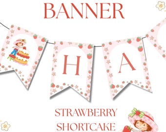 Strawberry Shortcake Verjaardag Banner, Afdrukbare Feestdecoratie, Pink Girl Verjaardagsslinger, Schattige Aardbei Themasjabloon, DIY Decor