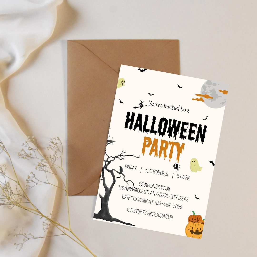 Spooky Halloween Party Invitation, Editable Ghost & Pumpkin Design ...