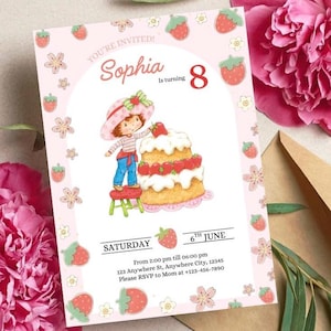 Strawberry Shortcake Birthday Invitation, Girl Party Invite, Editable Template, 8th Birthday, Instant Download, Printable PDF, Cute Invite