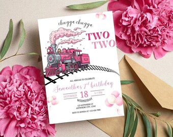 Invitación de cumpleaños de tren, invitación de tren Two Two, segundo cumpleaños de niña, imprimible de Chugga Chugga, plantilla editable, fiesta de tren rosa