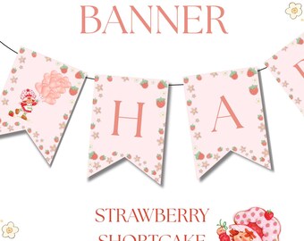 Strawberry Shortcake Verjaardag Banner, Afdrukbare Feestdecoratie, Pink Girl Verjaardagsslinger, Schattige Aardbei Themasjabloon, DIY Decor