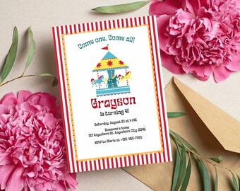 May include: A birthday party invitation with a carousel illustration. The invitation has a red and white striped border and features the text "Come one, Come all!" and "Grayson is turning 4!" surrounded by pink flowers and a brown envelope.