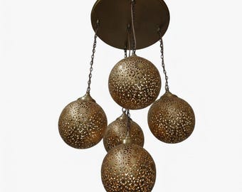 Handmade Moroccan Brass Chandelier – 5 Globe Pendant Light, Boho Lighting