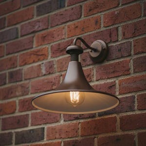 Puede incluir: Lámpara de pared exterior de color bronce con una pantalla cónica y un brazo curvo, montada en una pared de ladrillo rojo. La bombilla es visible dentro de la pantalla.