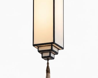 Moderne Pendelleuchte Laterne – Asiatisch Inspirierte Hängelampe – Minimalistische Deckenleuchte mit Quaste – Zeitgenössische Laternenleuchter