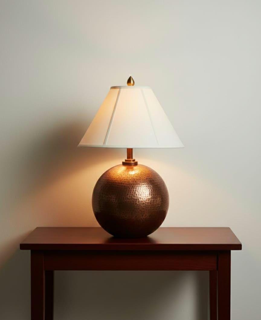 Handmade Hammered Copper Table Lamp With Beige Fabric Shade – Elegant ...