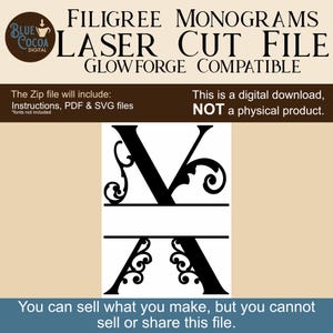 May include: A digital file for laser cutting, featuring a black filigree monogram letter "X". The design is compatible with Glowforge machines. The image includes text that says "Laser Cut File" and "Digital Download, NOT a physical product."