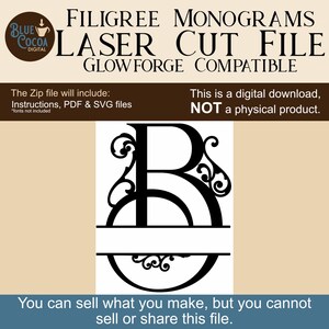 May include: Black filigree monogram laser cut file, compatible with Glowforge. The digital download includes instructions, PDF, and SVG files. The image features the letter "R" with decorative flourishes and a horizontal bar for personalization. The text states it is a digital download, not a physical product.