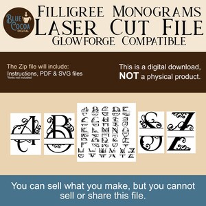 May include: Digital laser cut file for filigree monograms, compatible with Glowforge. Includes instructions, PDF, and SVG files. The image displays various monogram designs, including the letters A, B, C, G, and Z, with decorative filigree details. This is a digital download.