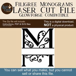 May include: A digital laser cut file for filigree monograms. The design features a black letter "M" with decorative scrollwork, suitable for Glowforge machines. The text includes "Laser Cut File" and "Digital Download, NOT a physical product."