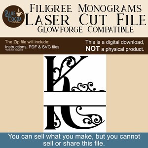May include: A digital laser cut file featuring a filigree monogram letter "K" design. The black and white graphic includes decorative swirls and is compatible with Glowforge. The text states it is a digital download, not a physical product.