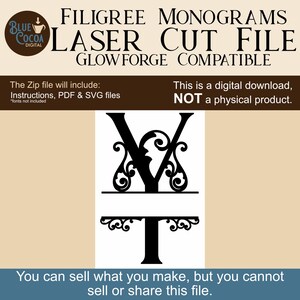 May include: Black filigree monogram laser cut file with the letters "V" and "T". The image includes the text "FILIGREE MONOGRAMS LASER CUT FILE GLOWFORGE COMPATIBLE". The digital download includes instructions, PDF & SVG files.
