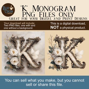 Ornate Floral K Monogram with Butterfly | PNG Digital Download | 4K Resolution