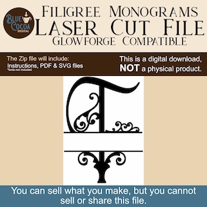 May include: Black filigree monogram laser cut file with the letter "T". The digital download includes instructions, PDF, and SVG files. The design is compatible with Glowforge.
