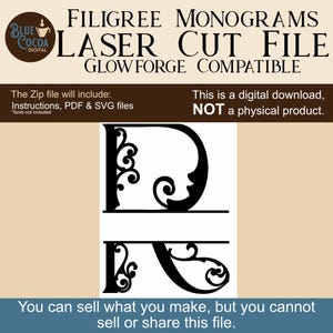 May include: Black filigree monogram laser cut file for Glowforge. The image includes the letters D and R, with decorative scrollwork. The text states that it is a digital download and includes instructions, PDF, and SVG files.