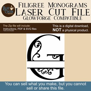 May include: A black filigree monogram letter "G" laser cut file, compatible with Glowforge. The digital download includes instructions, PDF, and SVG files. The image also includes the text "Blue Cocoa Digital" and "You can sell what you make, but you cannot sell or share this file."