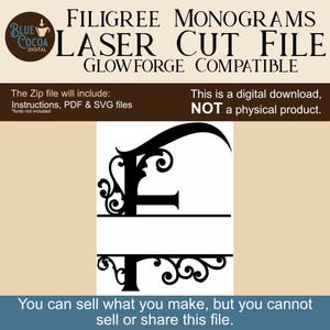 May include: A digital file for laser cutting, featuring a black filigree monogram letter "E" design. The image includes text stating it is a digital download, compatible with Glowforge, and includes instructions, PDF, and SVG files.