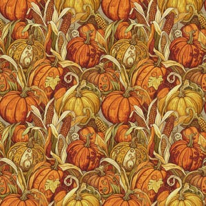 May include: A repeating pattern featuring pumpkins and corn. The pumpkins are various shades of orange and yellow, with detailed carvings. Corn stalks with husks and kernels are interspersed among the pumpkins, creating a fall harvest theme.
