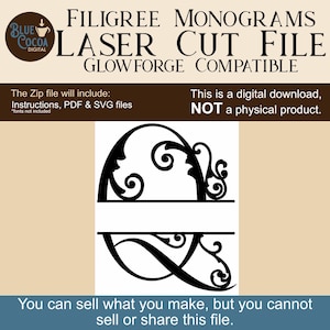 May include: Black filigree monogram laser cut file, compatible with Glowforge. The digital download includes instructions, PDF, and SVG files. The image shows a decorative design with swirling patterns and space for a monogram letter.