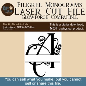 May include: Digital laser cut file for filigree monograms, compatible with Glowforge. The image features a black letter "A" with decorative flourishes and a horizontal bar. The file includes instructions, PDF, and SVG files. It is a digital download, not a physical product.