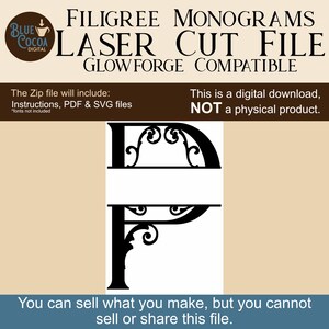 May include: Digital laser cut file for filigree monograms. The image features the text "FILIGREE MONOGRAMS LASER CUT FILE GLOWFORGE COMPATIBLE". The file includes instructions, PDF & SVG files. The image also includes the text "This is a digital download, NOT a physical product."