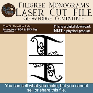 May include: Black filigree monogram laser cut file, compatible with Glowforge. The digital download includes instructions, PDF, and SVG files. The image features the letter "T" with decorative scrollwork.