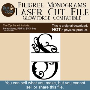 May include: A digital file for laser cutting filigree monograms. The image features the text "FILIGREE MONOGRAMS LASER CUT FILE GLOWFORGE COMPATIBLE". The file includes instructions, PDF & SVG files. The image shows a black letter "S" design.