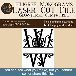 May include: Black filigree monogram laser cut file, compatible with Glowforge. The digital download includes instructions, PDF, and SVG files. The image features the letter "W" with decorative flourishes. The text states, "You can sell what you make, but you cannot sell or share this file."
