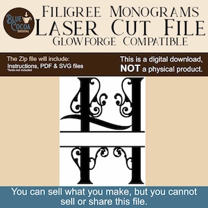 May include: Black filigree monogram laser cut file, compatible with Glowforge. The digital download includes instructions, PDF, and SVG files. The image text says, "This is a digital download, NOT a physical product."